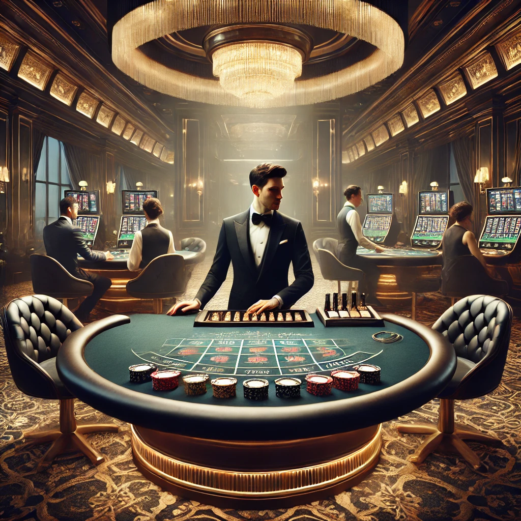 Şık bir casinoda canlı baccarat masasında krupiye oyun yönetiyor.