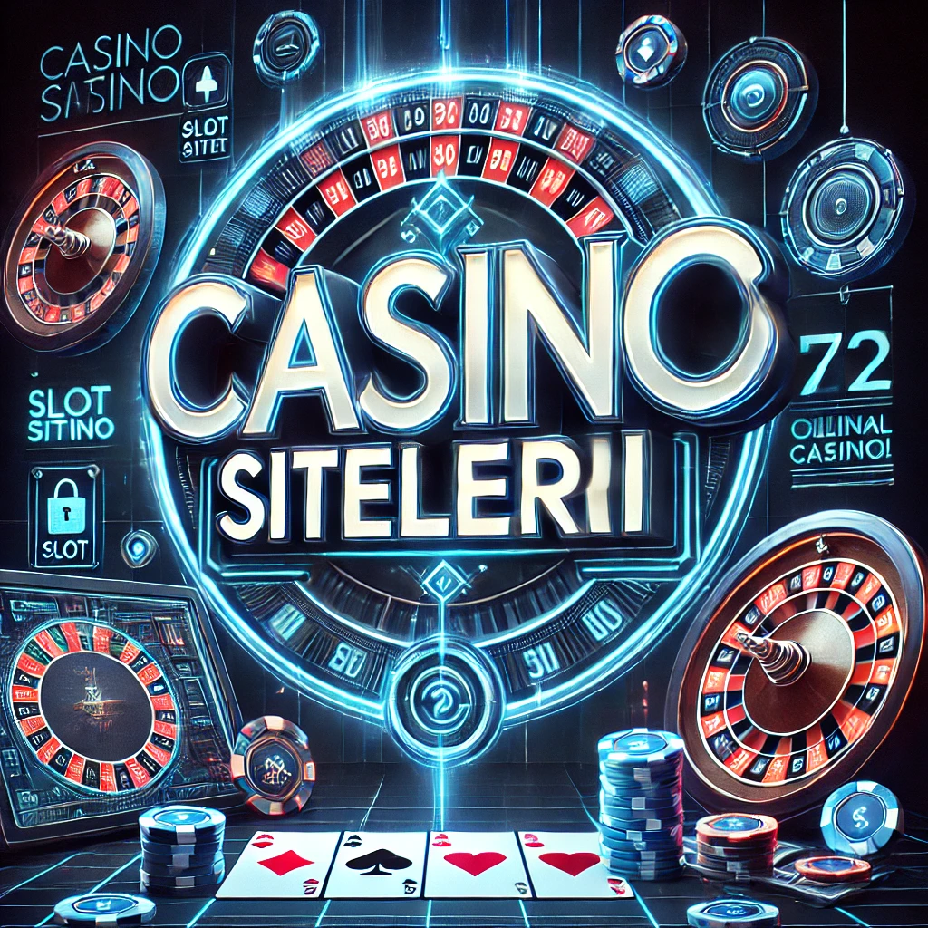 Casino Siteleri" yazılı, dijital slot makineleri, dönen rulet çarkı ve blackjack masası içeren modern online casino arayüzü.