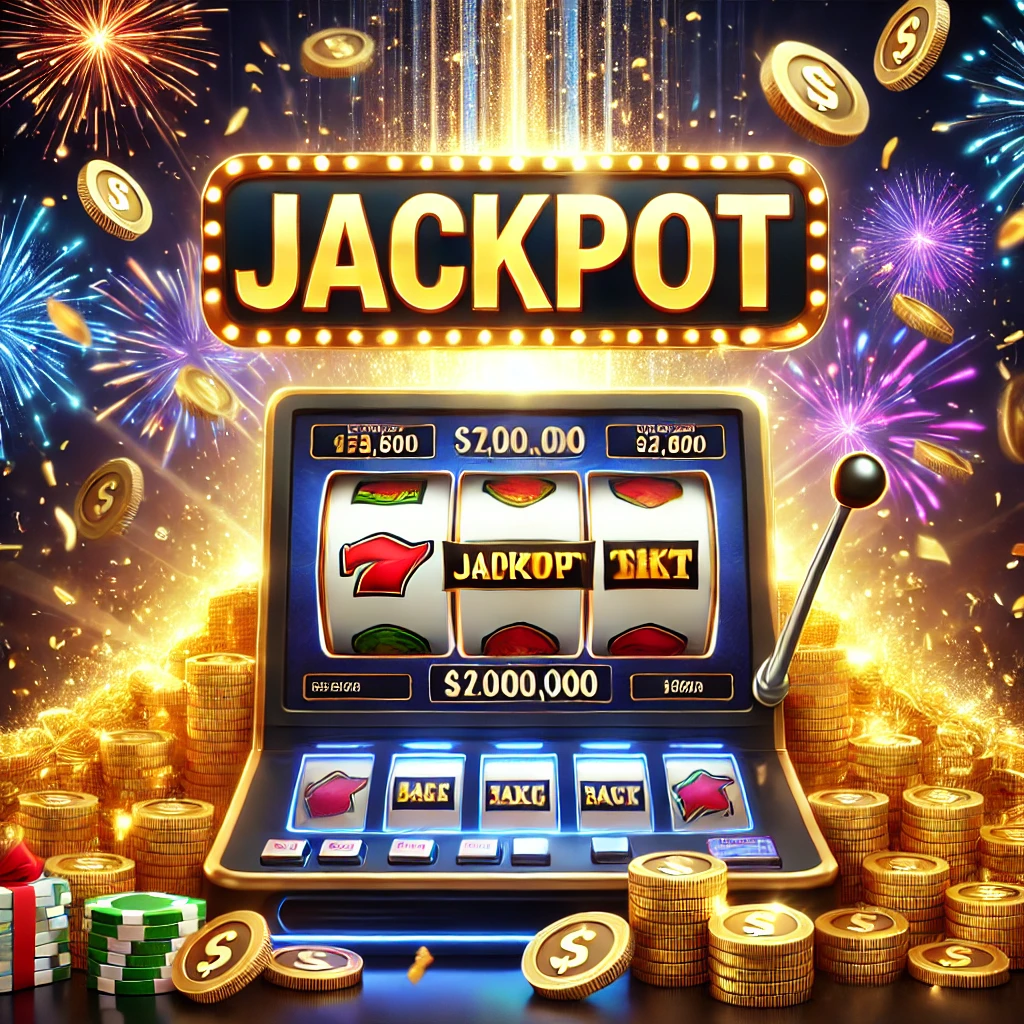 Modern bir online casino ortamında jackpot kazanan bir slot makinesi, patlayan konfetiler, altın paralar ve kazanç efekti.