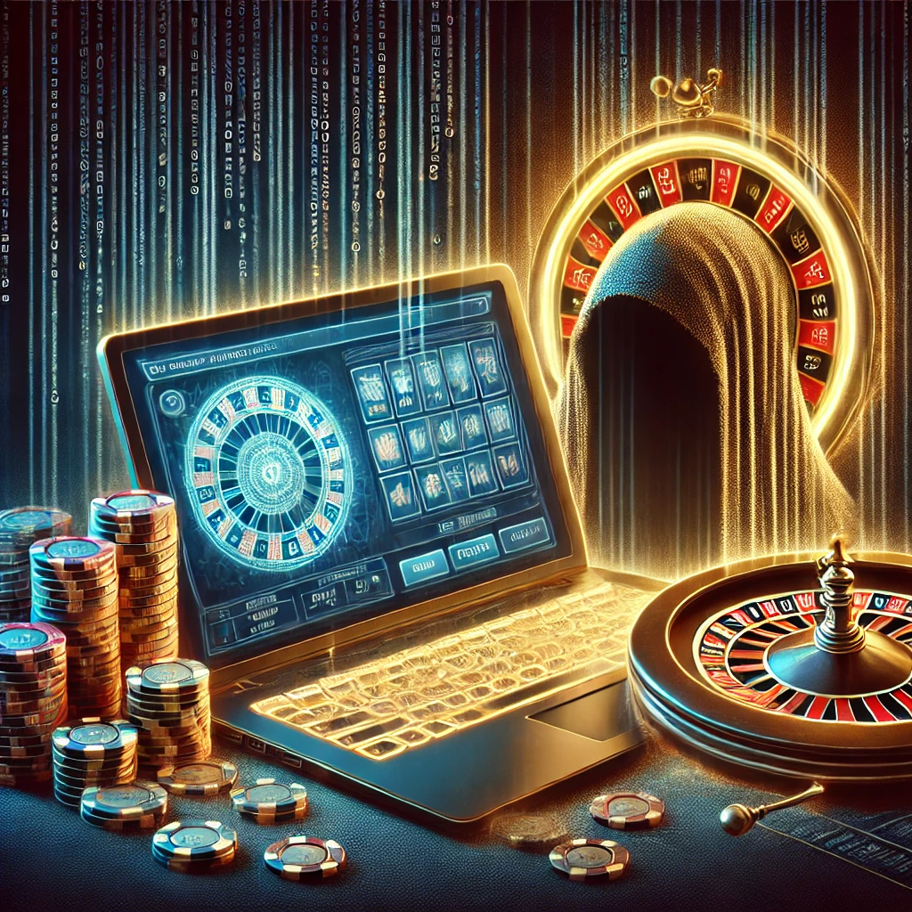 Kısmen gizli bir casino masası, parlayan fişler, loş ışıklandırılmış slot makaraları ve bir rulet tekerleği.