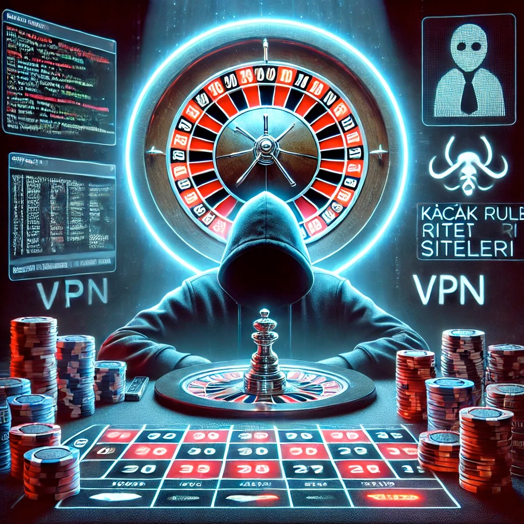 Dijital ekran üzerinde dönen neon ışıklı rulet çarkı ve kapüşonlu anonim bir oyuncu.