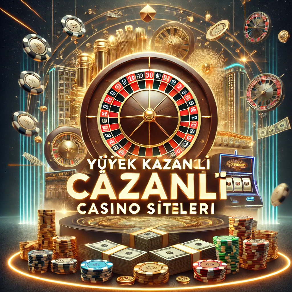 Büyük bir jackpot ekranı, nakit desteleri, poker fişleri ve dönen rulet çarkıyla yüksek kazançlı casino sitelerini temsil eden görsel.