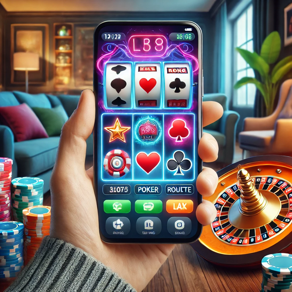 Bir kişinin elinde, slot makaralarının döndüğü ve poker çiplerinin olduğu interaktif bir casino uygulaması.