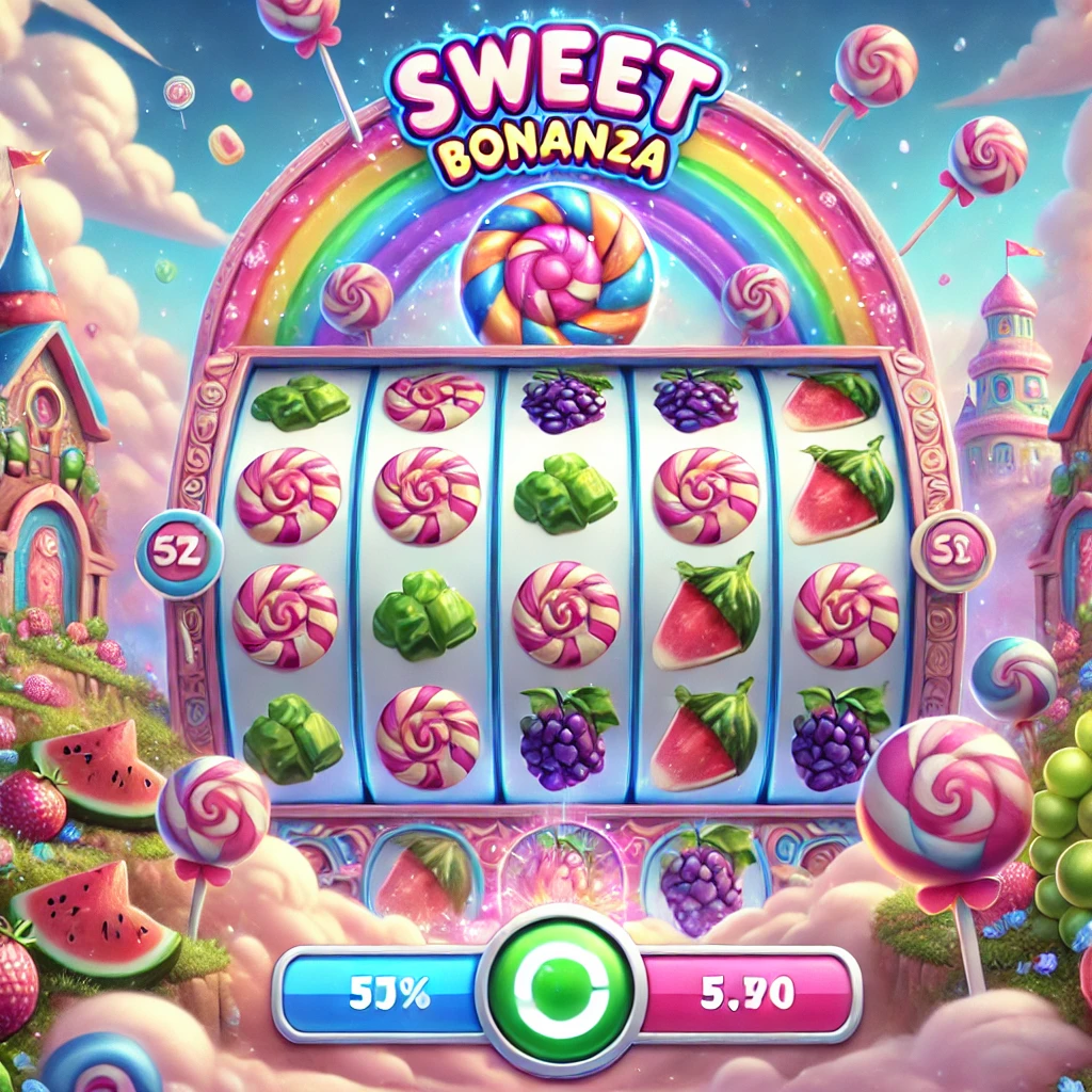 Sweet Bonanza casino oyunu lolipoplar, karpuzlar ve üzüm sembolleri ile renkli bir oyun sahnesi
